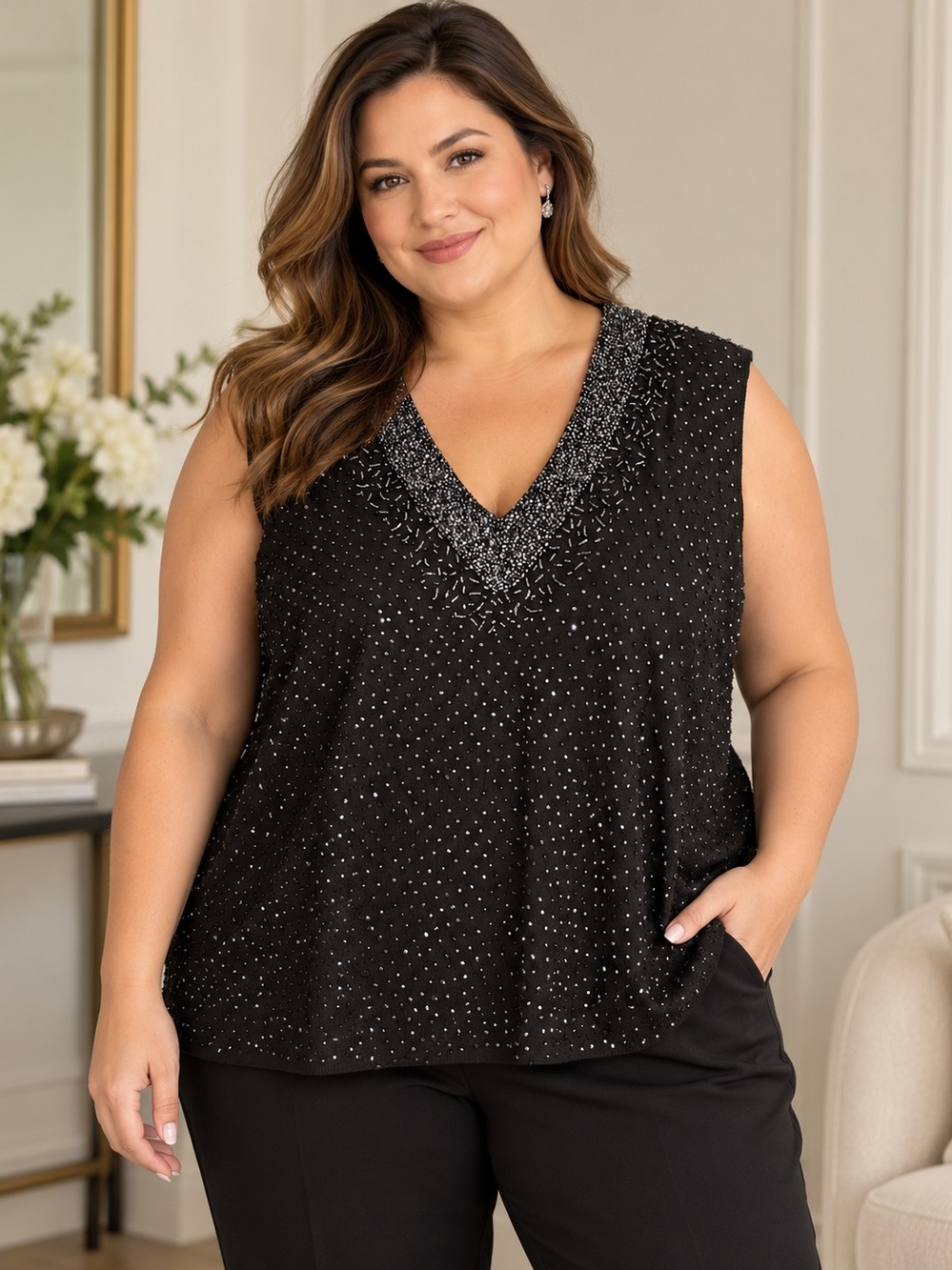 Kate Hill Woman Black Beaded Silk Blend Sleeveless Knit Top NWT